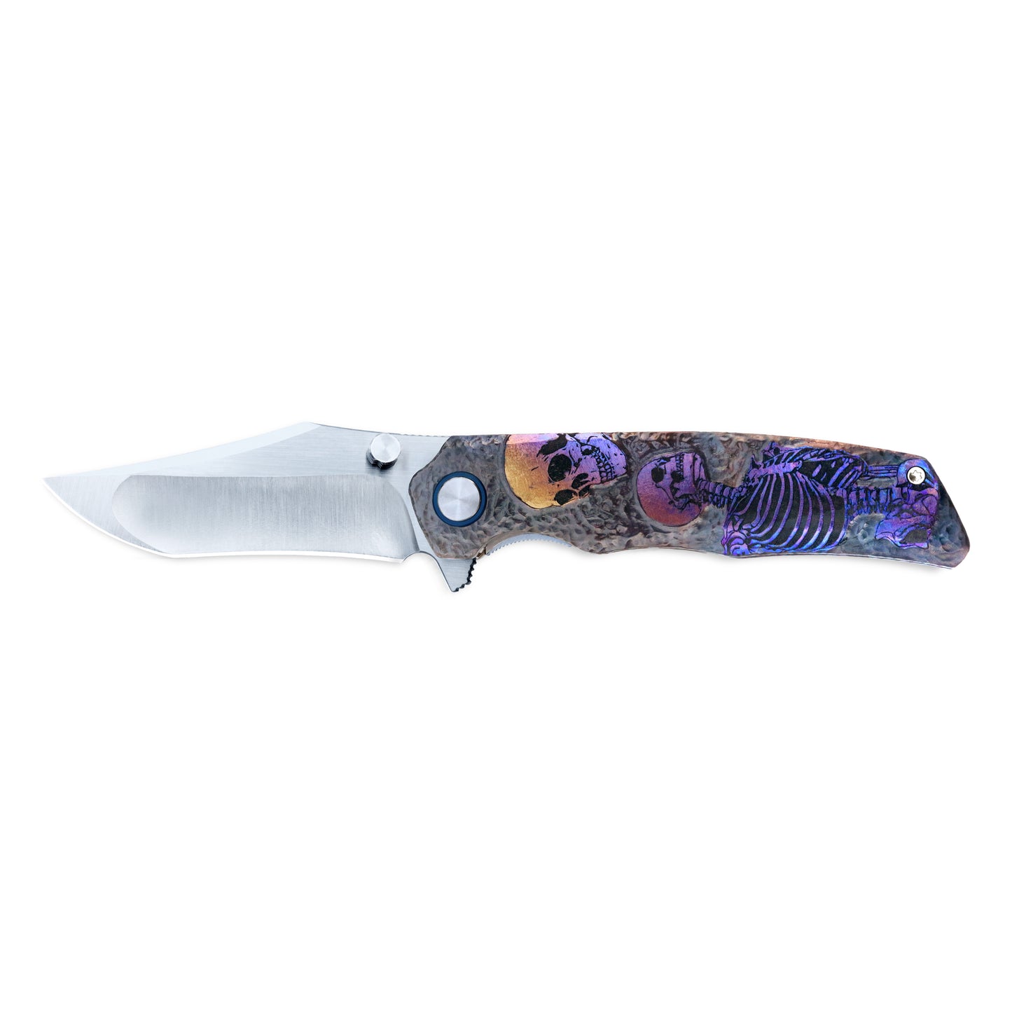 VORIXN Skull Titanium Knife half-open, non-clip side, handle shown horizontally