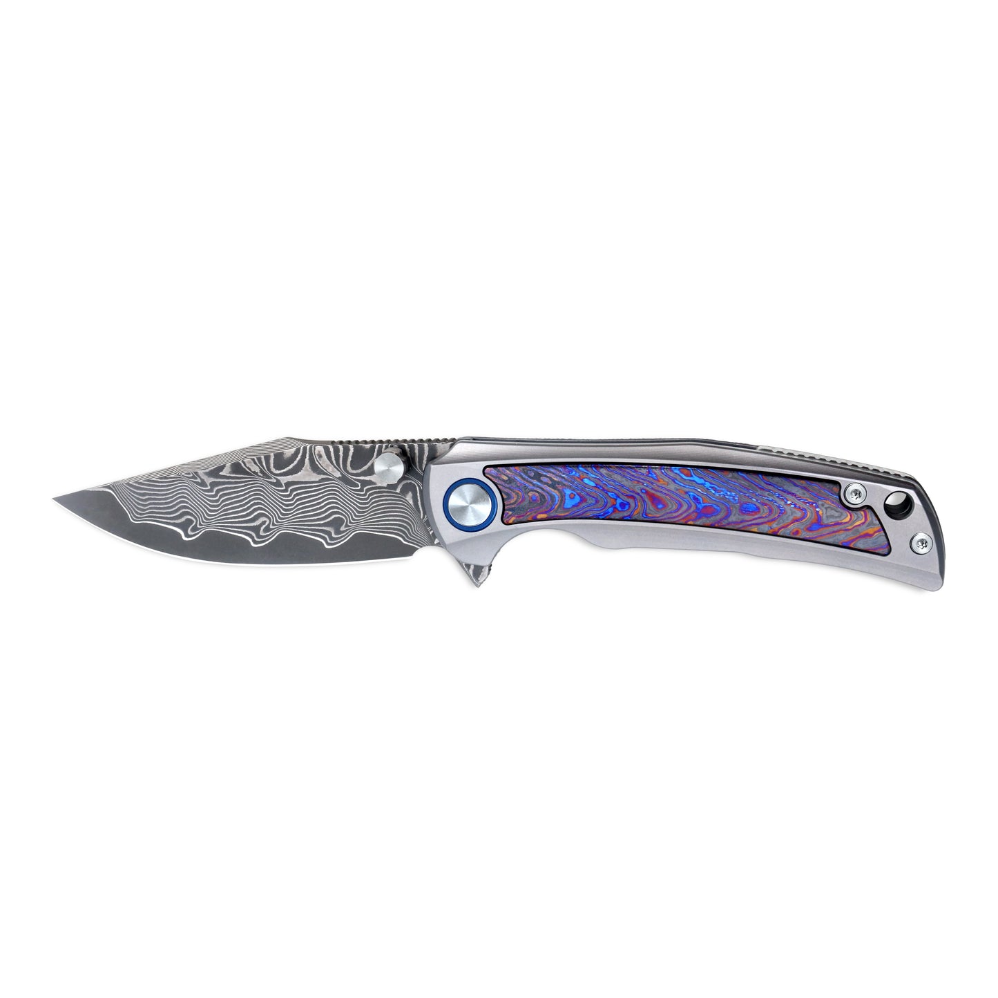 VORIXN Nebula folding knife open, side view highlighting the Damascus blade pattern and titanium zirconium inlay handle.