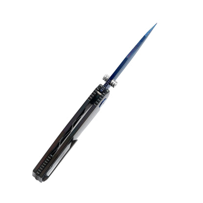 VORIXN Celestial Flame knife fully open, viewed from the back of the blade spine showing precise grind lines