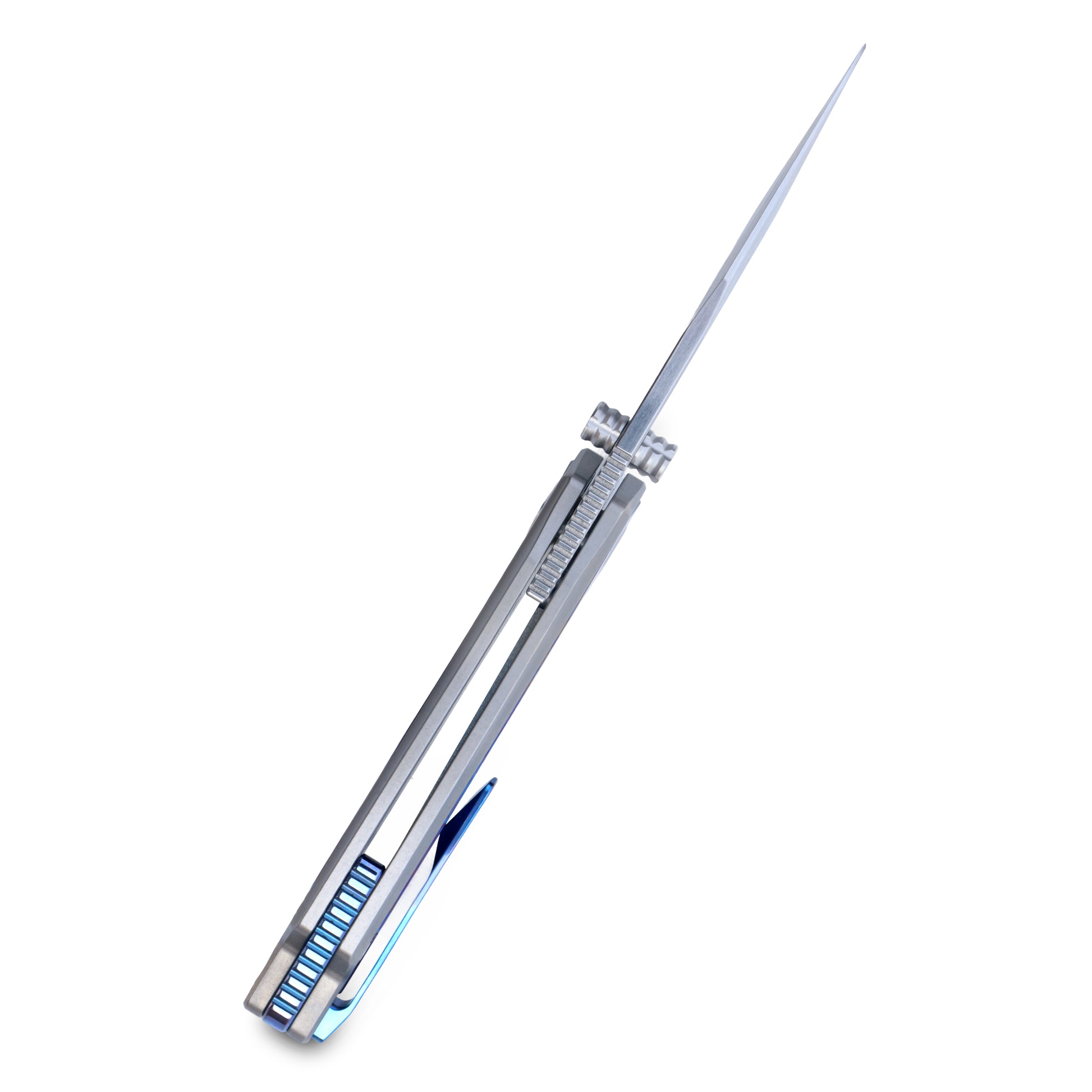 VORIXN Abyssal knife open, straight-on view from the spine, showcasing blade geometry and handle symmetry