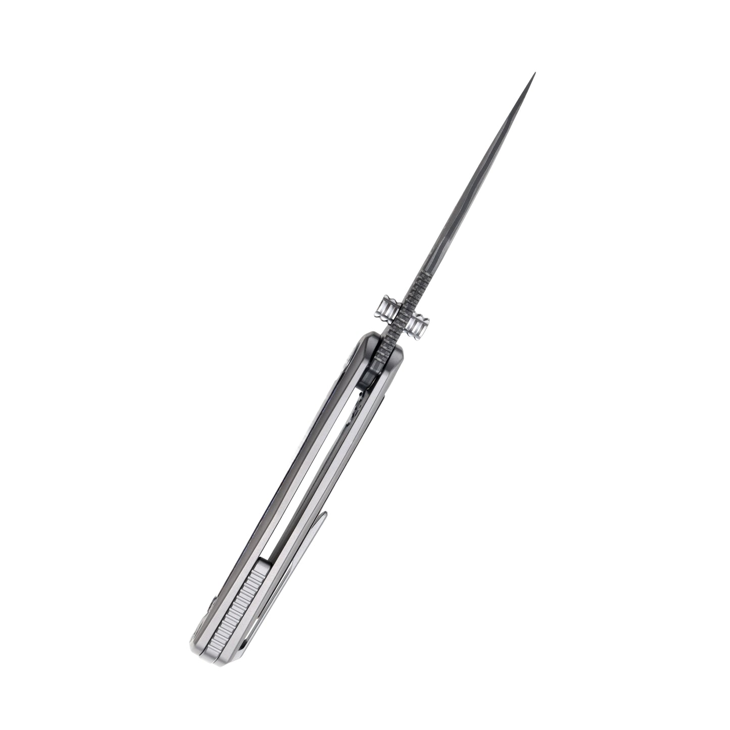 Back view of the VORIXN Nebula knife, displaying spine details, Damascus pattern, and titanium zirconium construction.