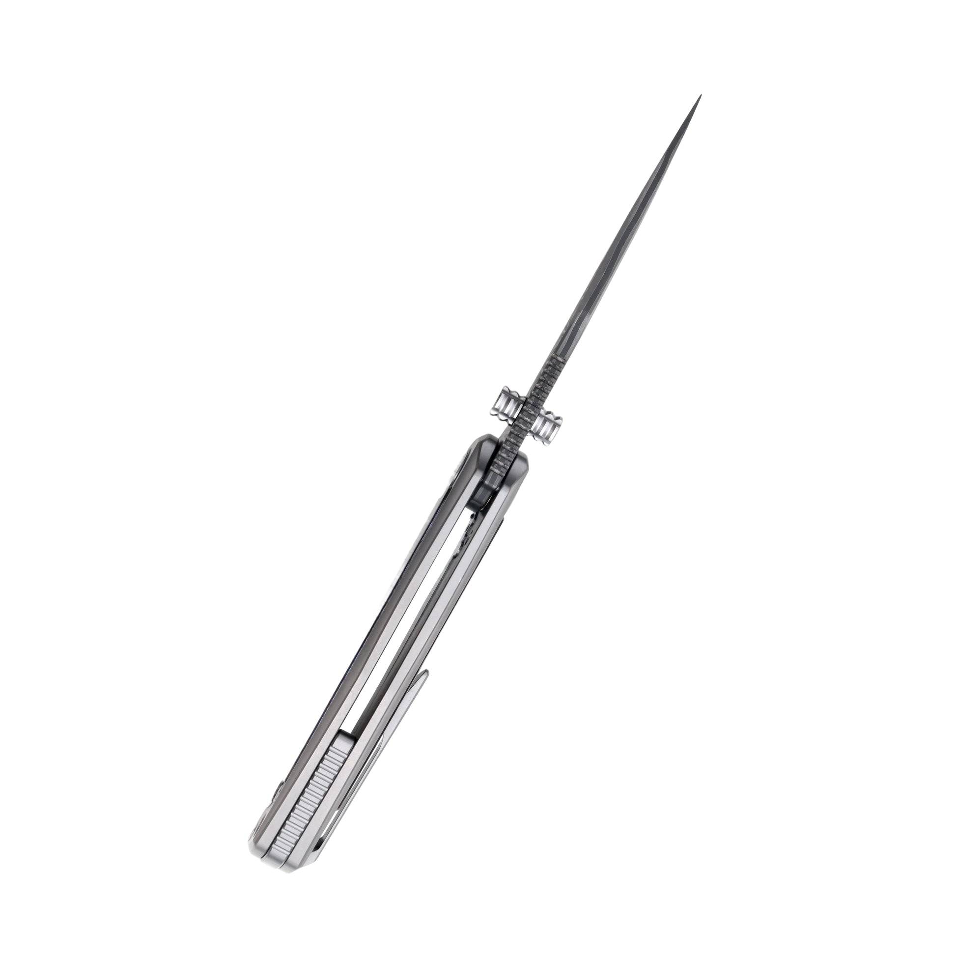 Back view of the VORIXN Nebula knife, displaying spine details, Damascus pattern, and titanium zirconium construction.