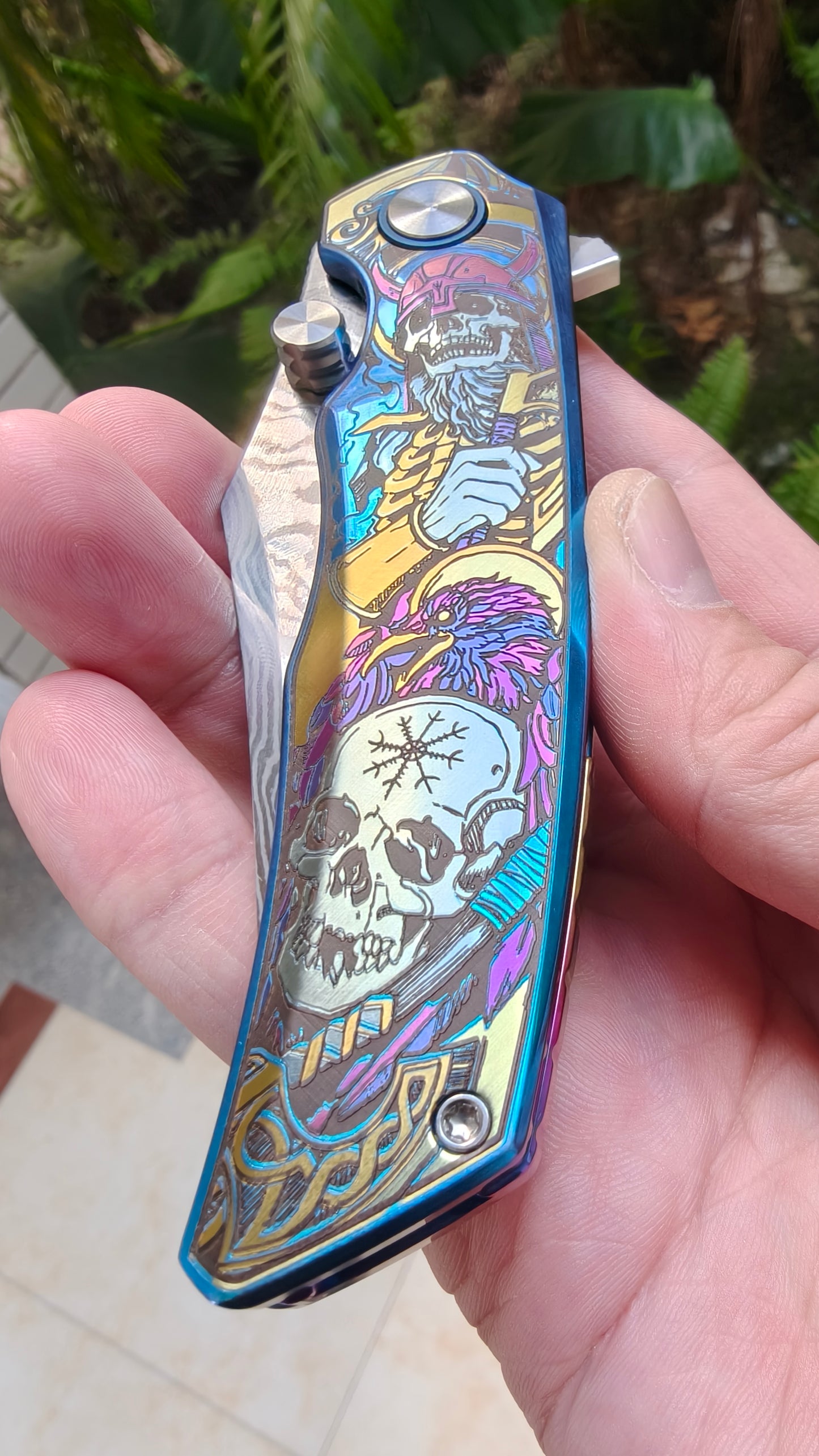 VORIXN "Timeless" Flipper & Thumb Stud Knife Titanium-Engraved Anodized Coloring Handle (3.7" Damascus Blade) KB034