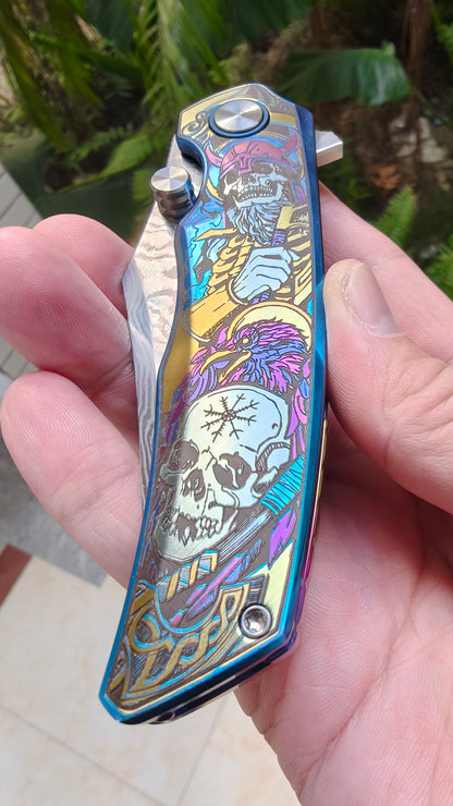 VORIXN "Timeless" Flipper & Thumb Stud Knife Titanium-Engraved Anodized Coloring Handle (3.7" Damascus Blade) KB034