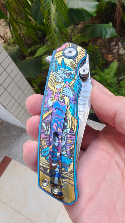VORIXN "Timeless" Flipper & Thumb Stud Knife Titanium-Engraved Anodized Coloring Handle (3.7" Damascus Blade) KB034