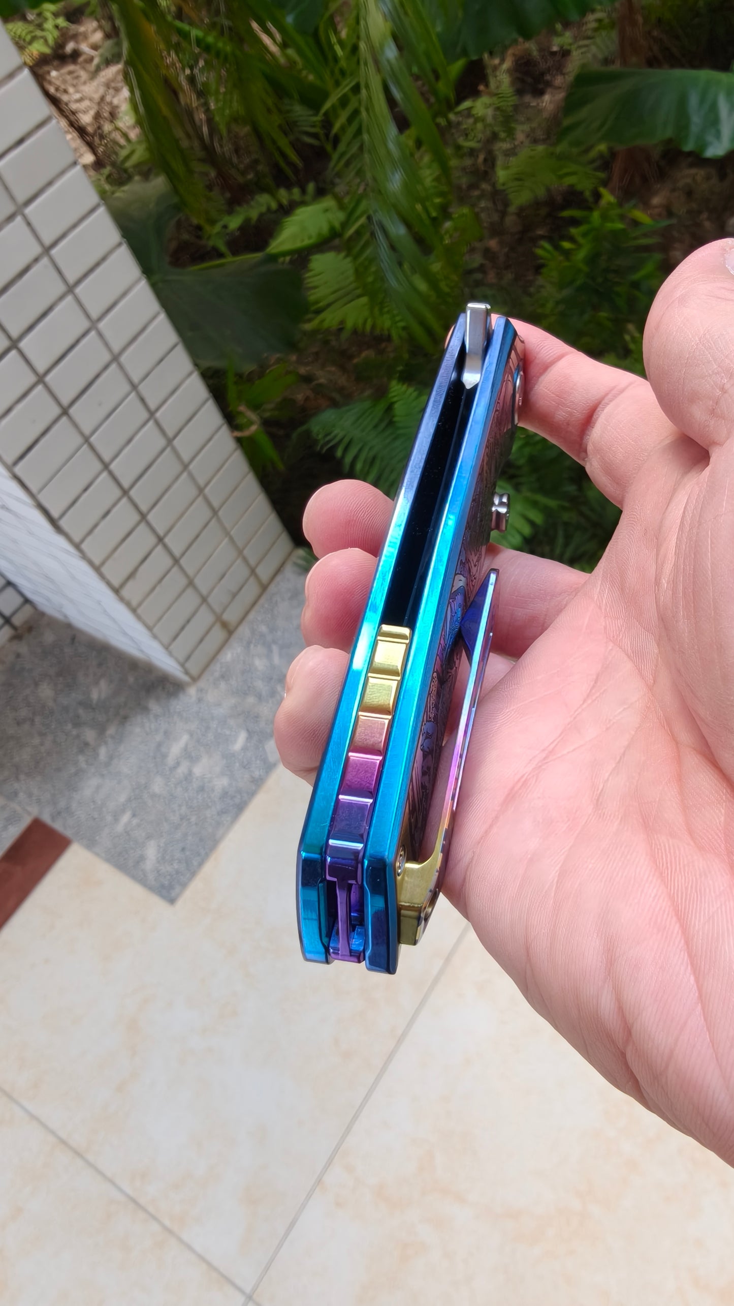 VORIXN "Timeless" Flipper & Thumb Stud Knife Titanium-Engraved Anodized Coloring Handle (3.7" Damascus Blade) KB034