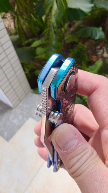 VORIXN "Timeless" Flipper & Thumb Stud Knife Titanium-Engraved Anodized Coloring Handle (3.7" Damascus Blade) KB034