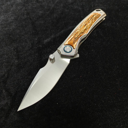 VORIXN AURON folding knife open, show side view with natural stag inlay and VG10 blade
