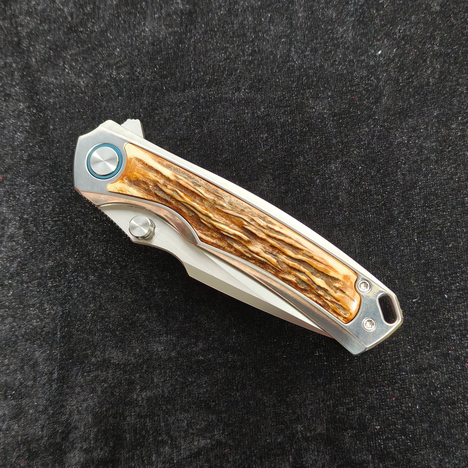 VORIXN AURON folding knife closed, show side with natural stag inlay pattern and full knife profile
