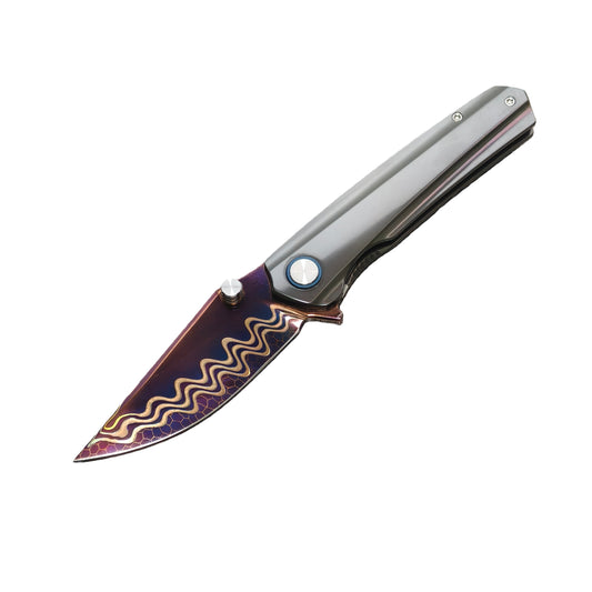 Vorixn Pyretic zirconium Damascus knife open, front side, blade angled 45 degrees downward