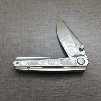 VORIXN "Ocean Mirage" Flipper & Thumb Stud Knife Mother-of-Pearl Inlaid Titanium Handle (3.6" Damascus Blade) KB050
