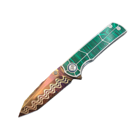 VORIXN "Forest Mirage" Flipper & Thumb Stud Knife Malachite Inlaid Titanium Handle (3.4" Damascus Blade) KB061 / KB062