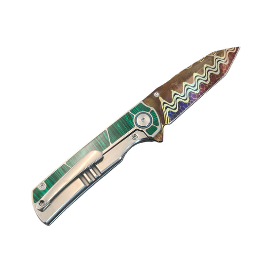VORIXN "Forest Mirage" Flipper & Thumb Stud Knife Malachite Inlaid Titanium Handle (3.4" Damascus Blade) KB061 / KB062