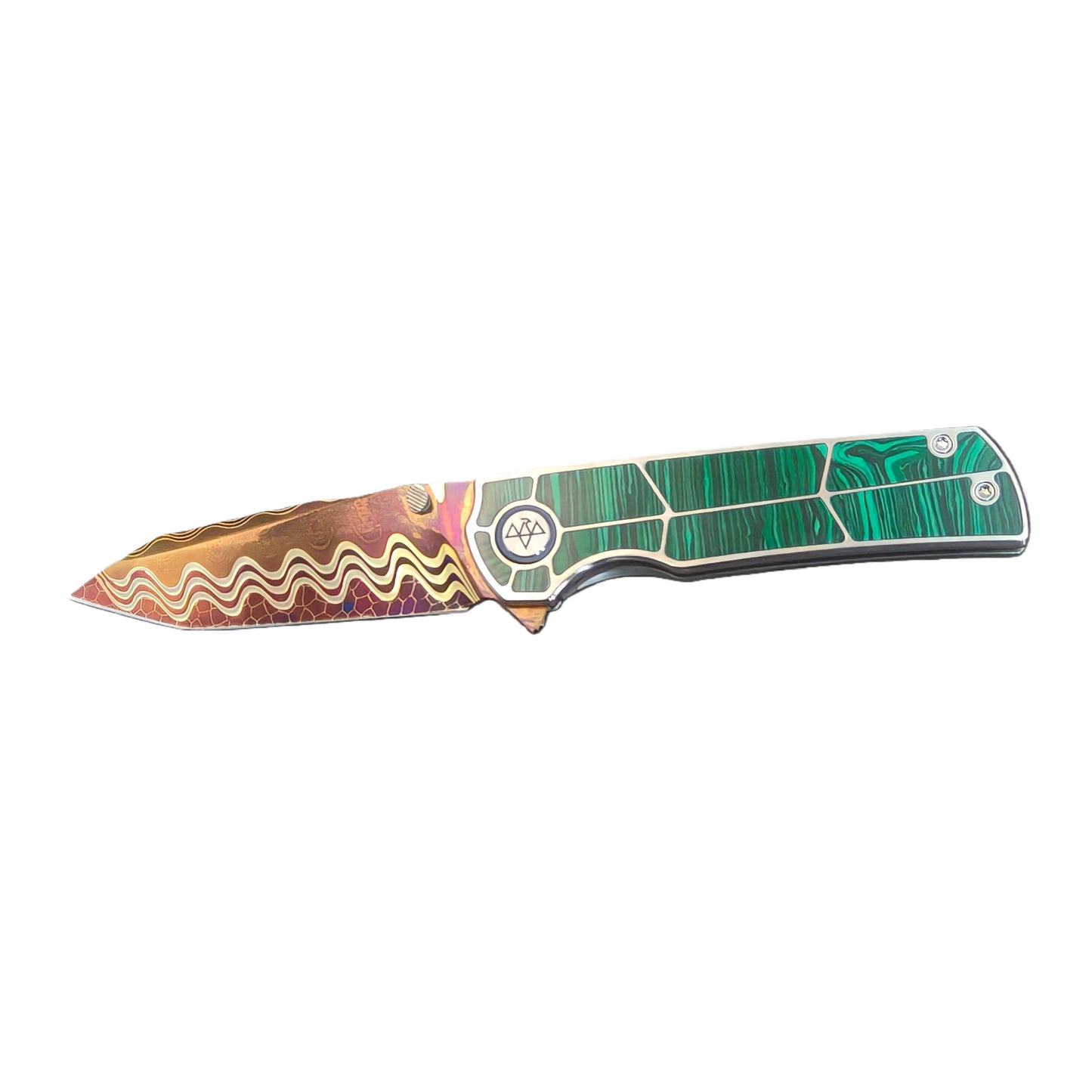 VORIXN "Forest Mirage" Flipper & Thumb Stud Knife Malachite Inlaid Titanium Handle (3.4" Damascus Blade) KB061 / KB062