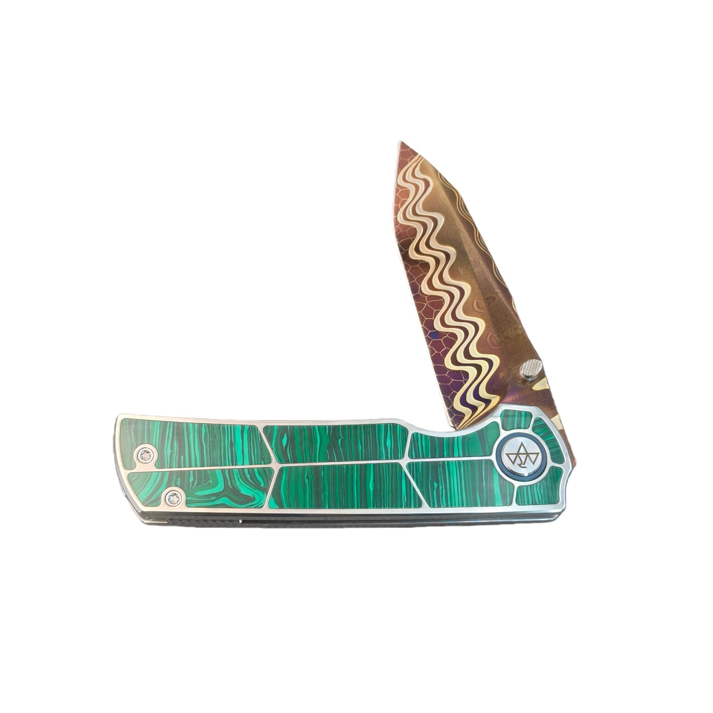 VORIXN "Forest Mirage" Flipper & Thumb Stud Knife Malachite Inlaid Titanium Handle (3.4" Damascus Blade) KB061 / KB062