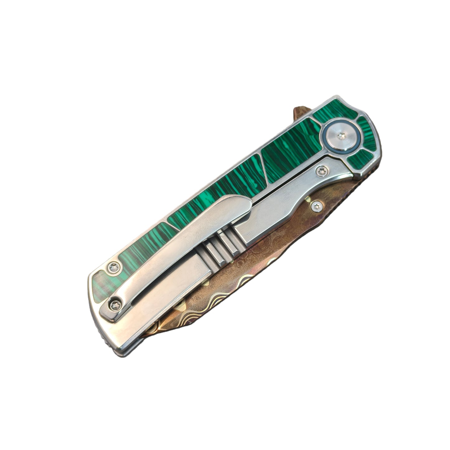 VORIXN "Forest Mirage" Flipper & Thumb Stud Knife Malachite Inlaid Titanium Handle (3.4" Damascus Blade) KB061 / KB062