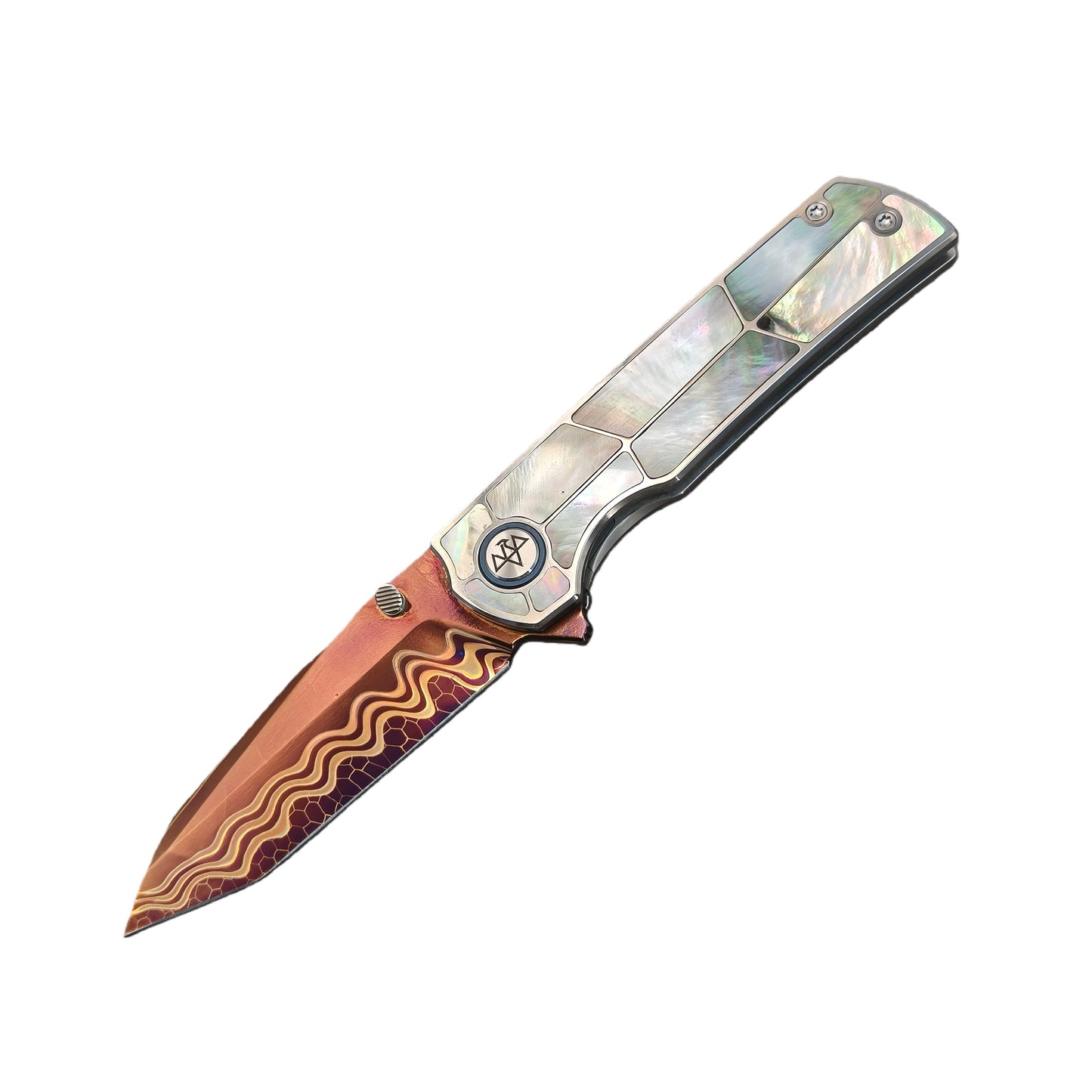 VORIXN "Forest Mirage" Flipper & Thumb Stud Knife Black Mother-of-pearl Inlaid Titanium Handle (3.4" Damascus Blade) KB060