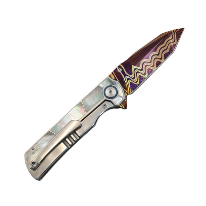 VORIXN "Forest Mirage" Flipper & Thumb Stud Knife Black Mother-of-pearl Inlaid Titanium Handle (3.4" Damascus Blade) KB060