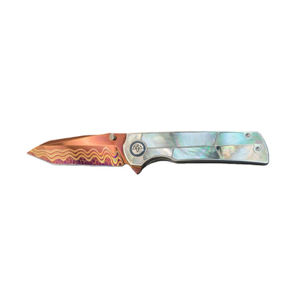 VORIXN "Forest Mirage" Flipper & Thumb Stud Knife Black Mother-of-pearl Inlaid Titanium Handle (3.4" Damascus Blade) KB060