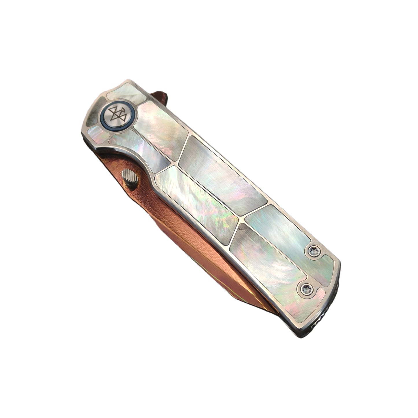 VORIXN "Forest Mirage" Flipper & Thumb Stud Knife Black Mother-of-pearl Inlaid Titanium Handle (3.4" Damascus Blade) KB060