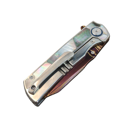 VORIXN "Forest Mirage" Flipper & Thumb Stud Knife Black Mother-of-pearl Inlaid Titanium Handle (3.4" Damascus Blade) KB060