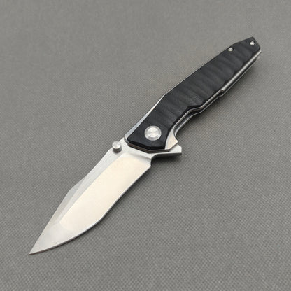 VORIXN KA008 9Cr13 stainless steel and black G10 folding knife open non-clip side view with blade, handle, and overall profile.
