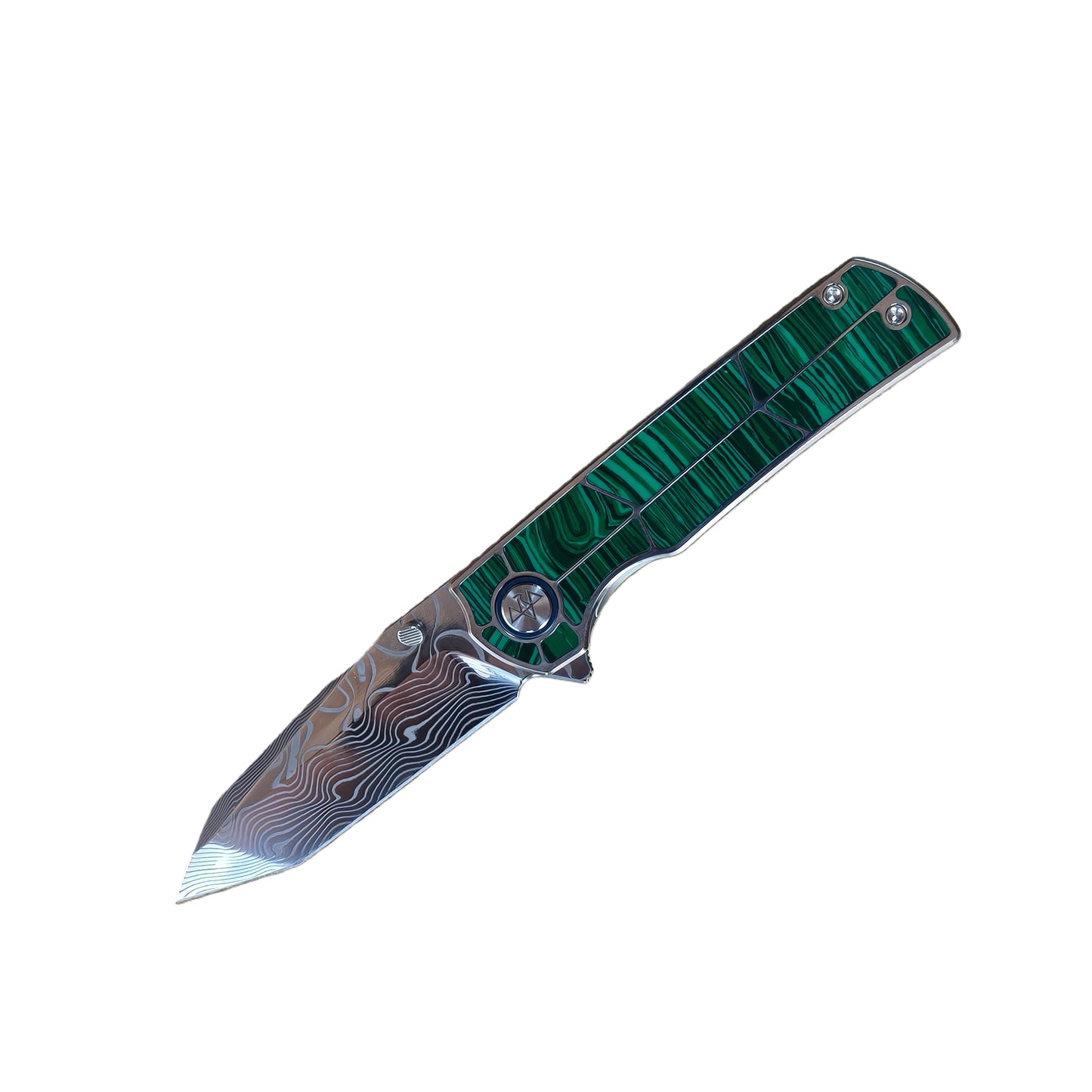 VORIXN "Forest Mirage" Flipper & Thumb Stud Knife Malachite Inlaid Titanium Handle (3.4" Damascus Blade) KB061 / KB062