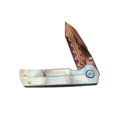 VORIXN "Forest Mirage" Flipper & Thumb Stud Knife Black Mother-of-pearl Inlaid Titanium Handle (3.4" Damascus Blade) KB060