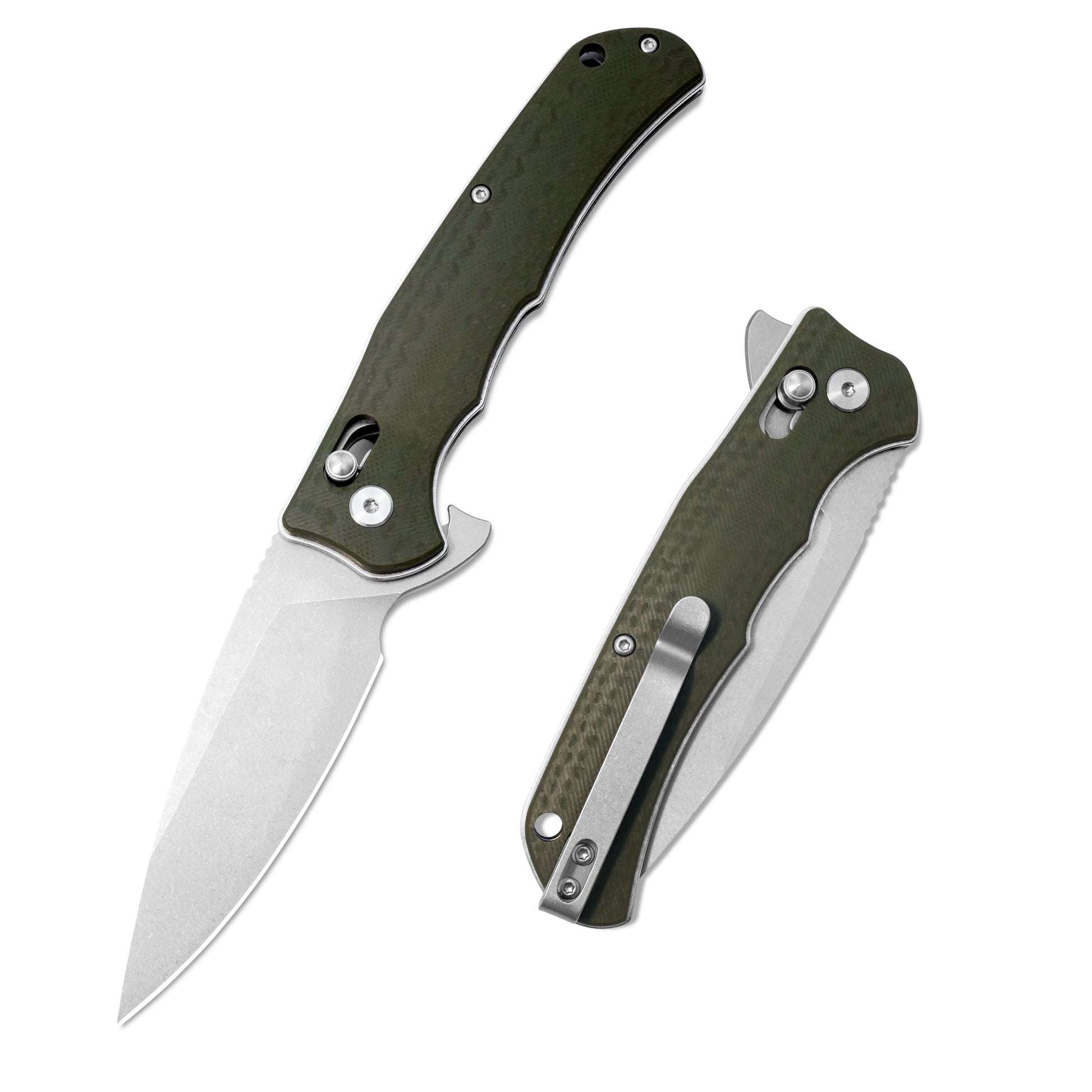 VORIXN KA011 flipper knife fully open and closed view with carbon fiber handle and D2 blade