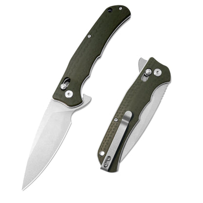 VORIXN KA011 flipper knife fully open and closed view with carbon fiber handle and D2 blade