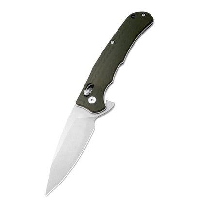 VORIXN KA011 folding knife open showing carbon fiber handle and D2 blade angled downward
