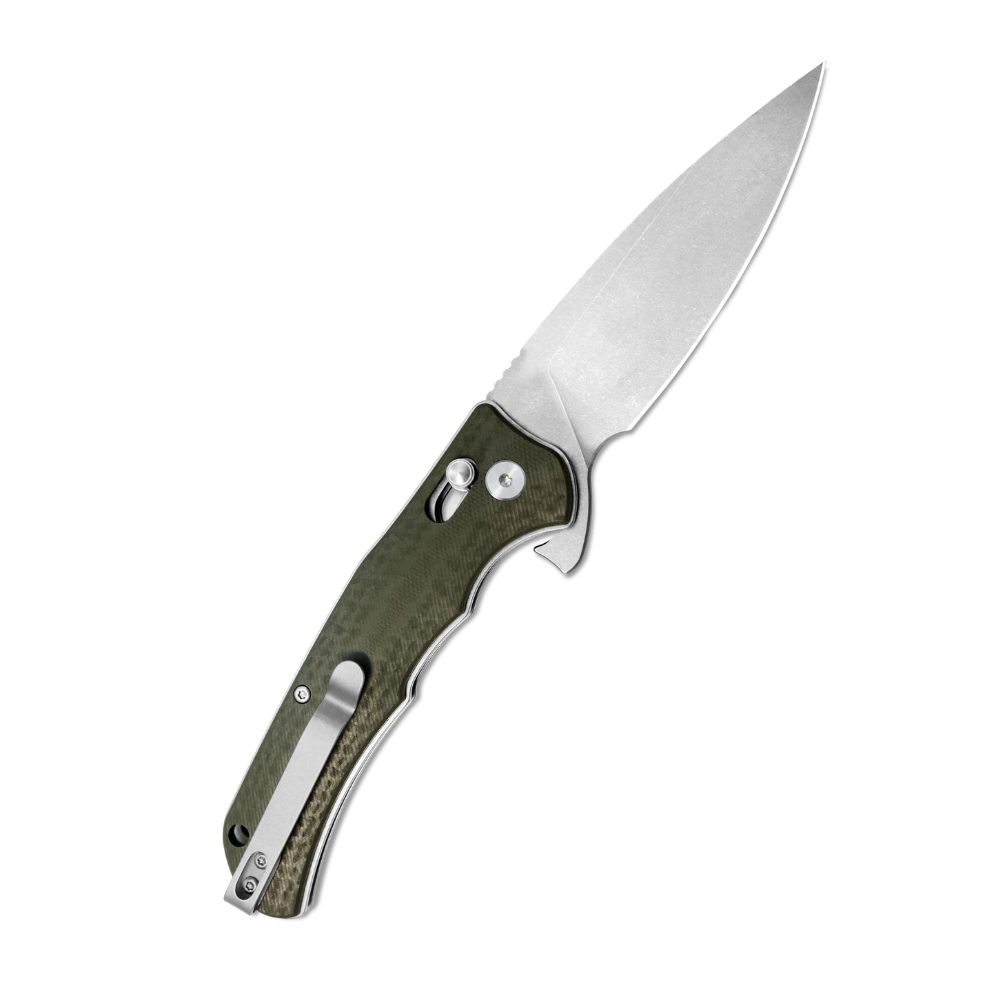 VORIXN KA011 flipper knife open with pocket clip side showing D2 blade angled upward