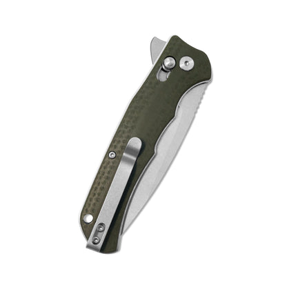 VORIXN KA011 closed knife showing pocket clip side and carbon fiber handle design