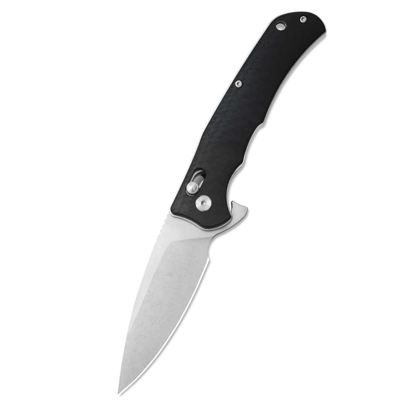 VORIXN KA011 folding knife open showing carbon fiber handle and D2 blade angled downward