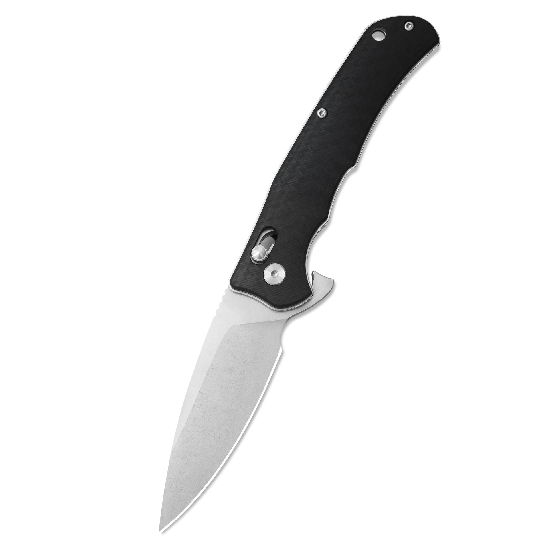 VORIXN KA011 folding knife open showing carbon fiber handle and D2 blade angled downward