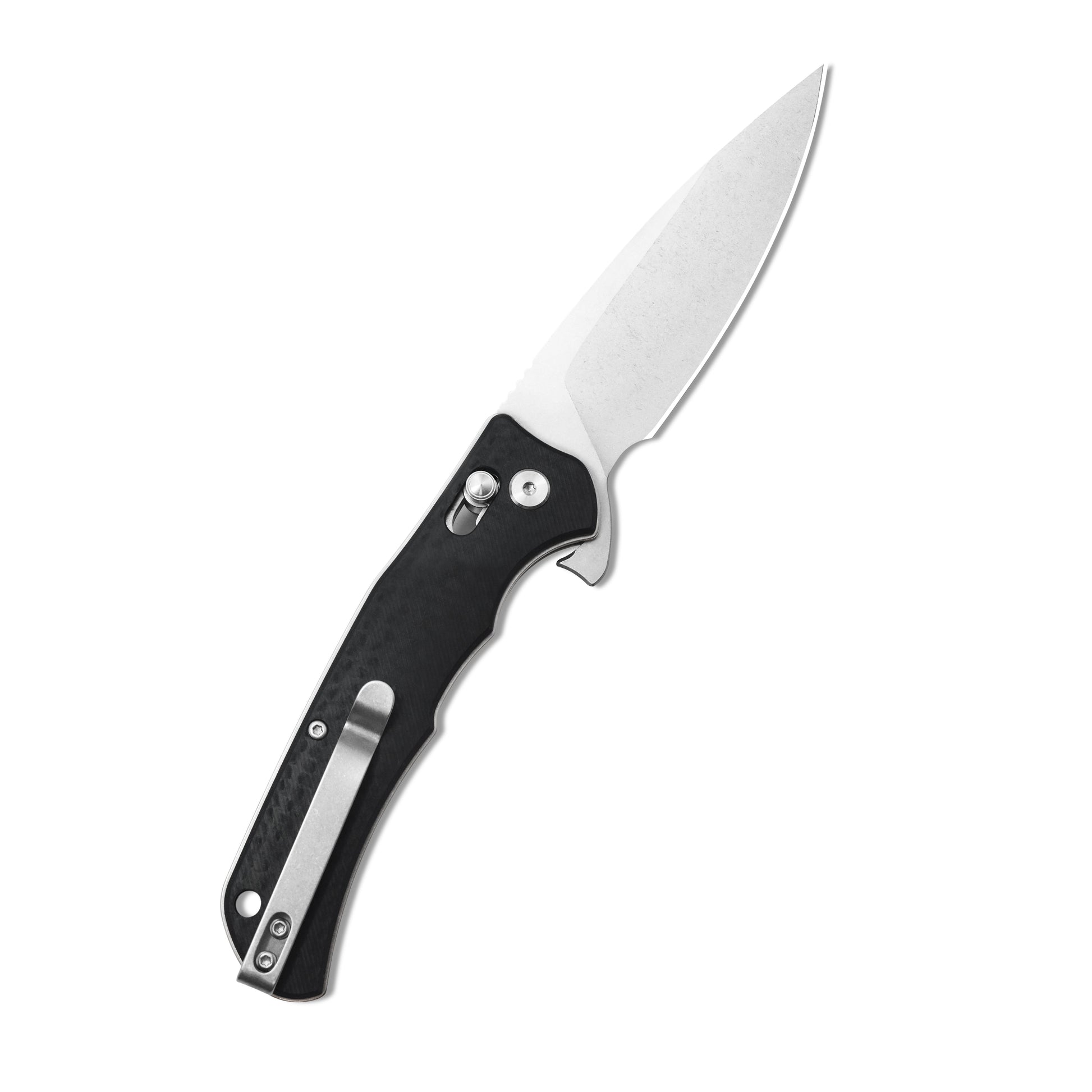 VORIXN KA011 flipper knife open with pocket clip side showing D2 blade angled upward