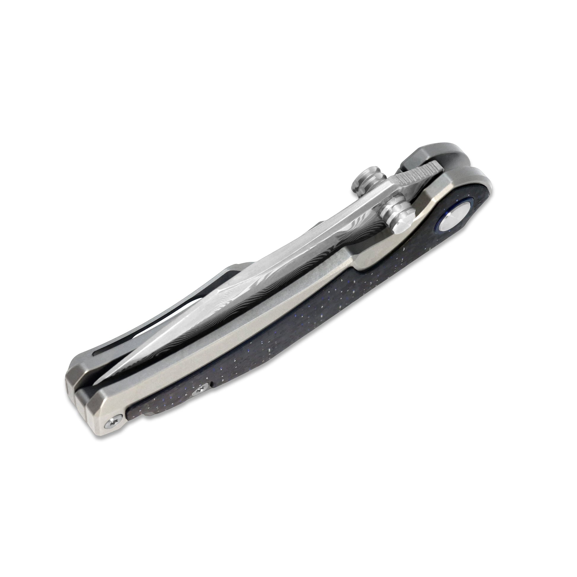 Eclipse Edge knife closed, angled view showing etched blade spine