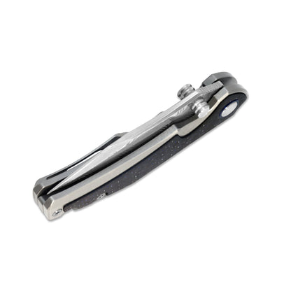 Eclipse Edge knife closed, angled view showing etched blade spine