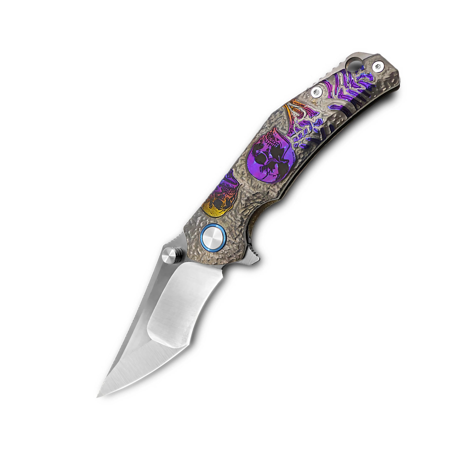 Detailed view of hand engraving patterns on titanium handle of VORIXN Eclipse knife