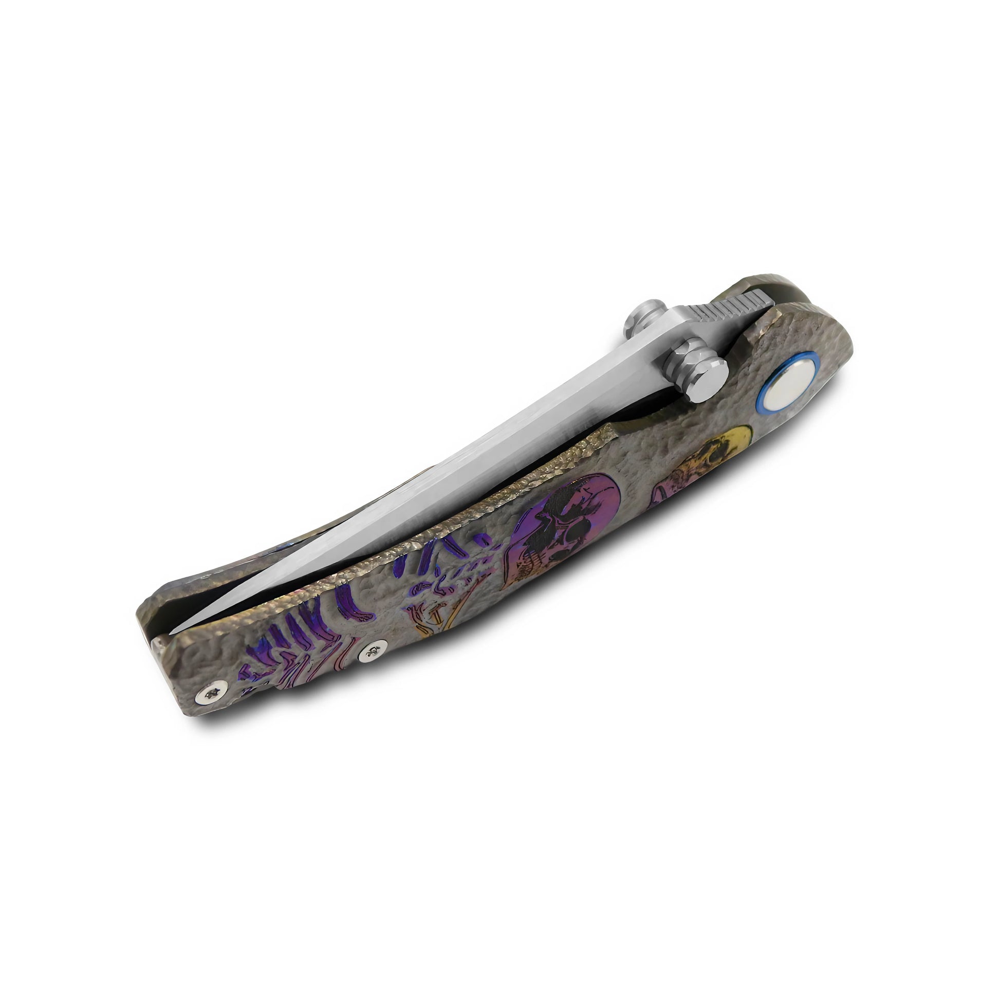 Side profile of VORIXN Eclipse titanium EDC pocket knife with elegant hand engraved texture