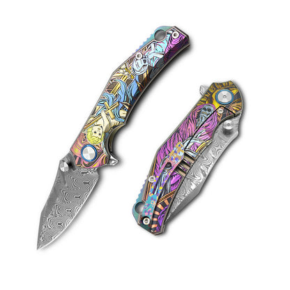 VORIXN Flipper & Thumb Stud Knife Titanium-Engraved Anodized Coloring Handle (4.0" VG10 Blade) KB007