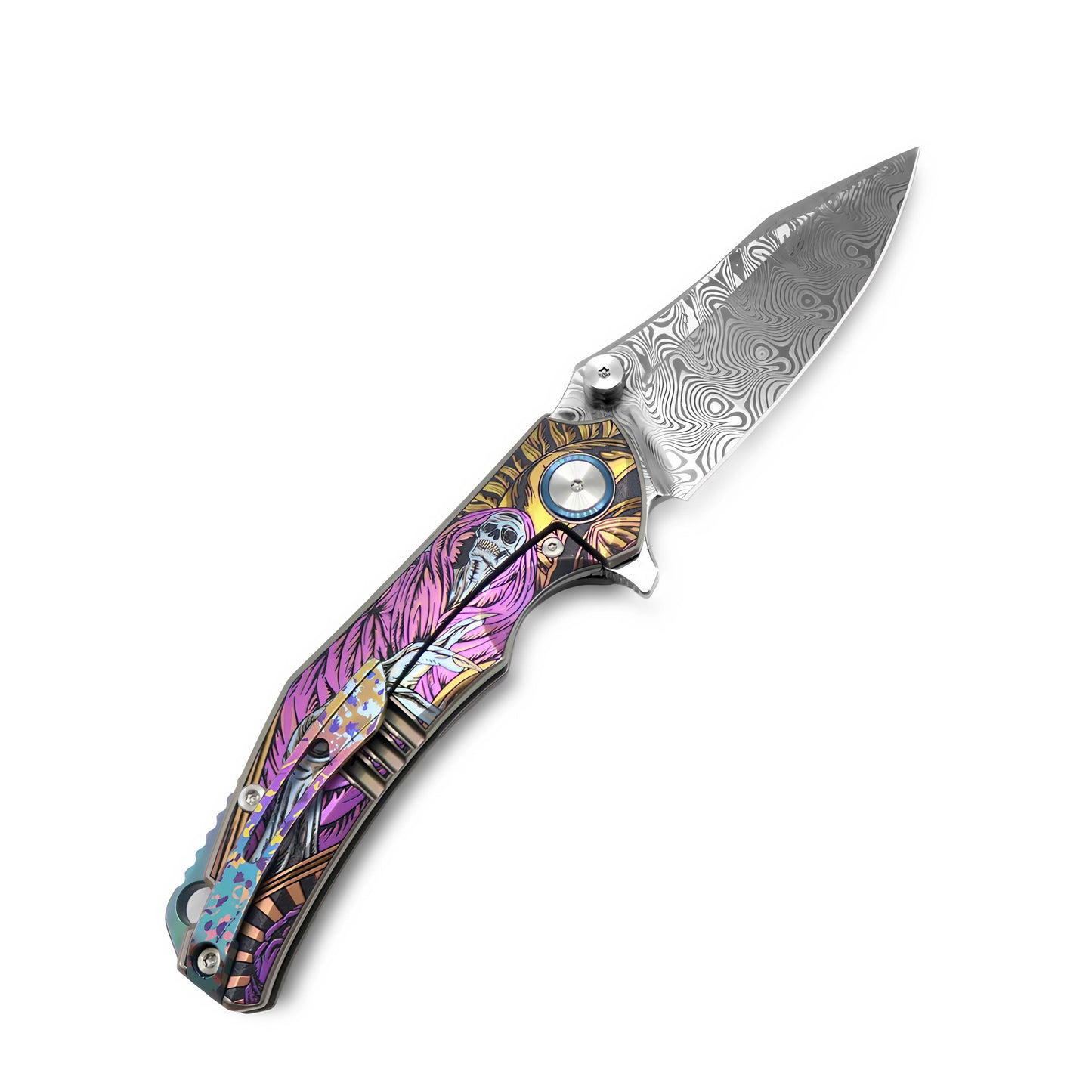 VORIXN Flipper & Thumb Stud Knife Titanium-Engraved Anodized Coloring Handle (4.0" VG10 Blade) KB007