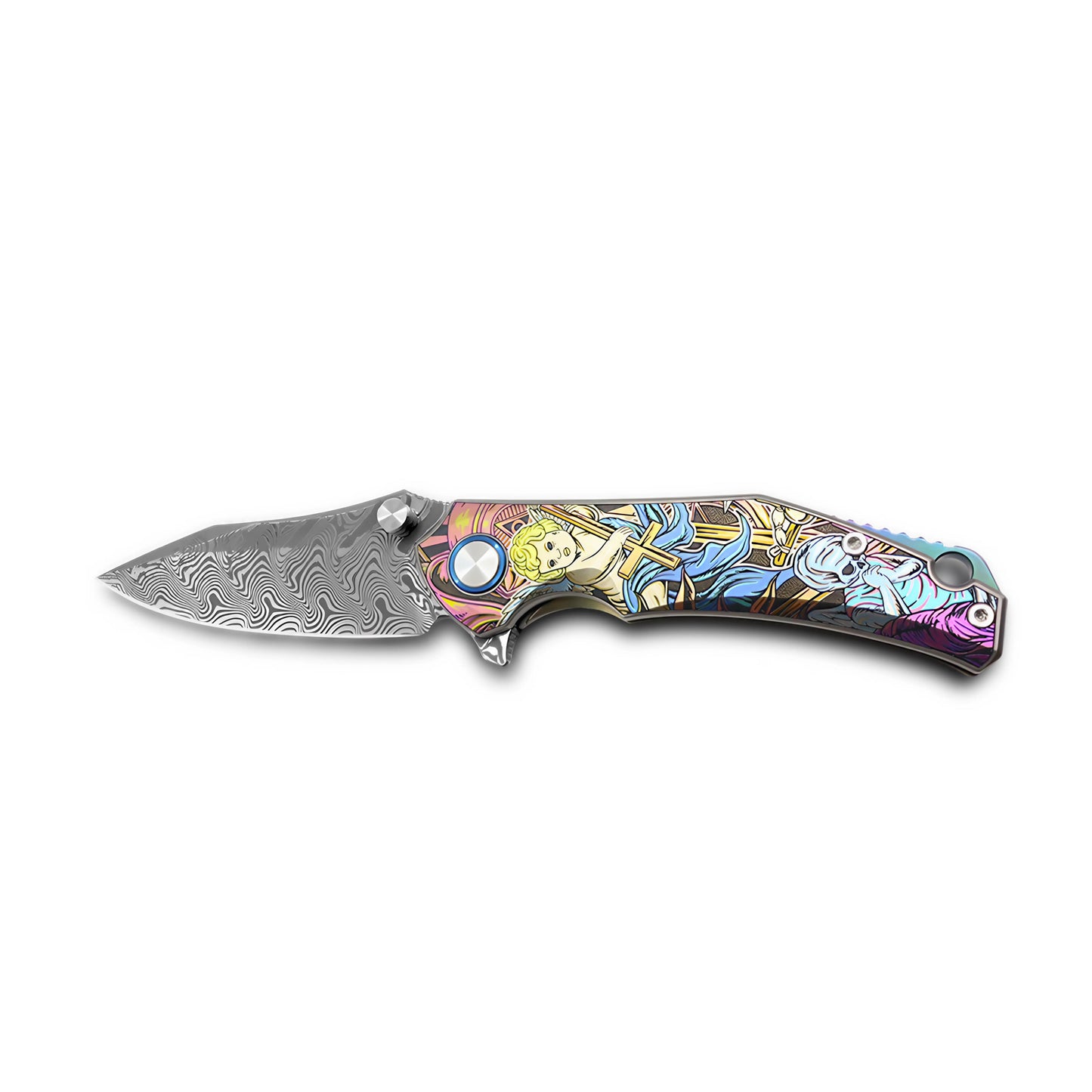 VORIXN Flipper & Thumb Stud Knife Titanium-Engraved Anodized Coloring Handle (4.0" VG10 Blade) KB007