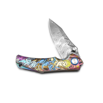 VORIXN Flipper & Thumb Stud Knife Titanium-Engraved Anodized Coloring Handle (4.0" VG10 Blade) KB007