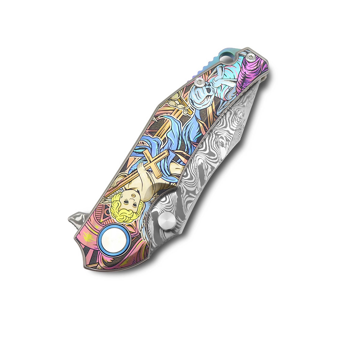 VORIXN Flipper & Thumb Stud Knife Titanium-Engraved Anodized Coloring Handle (4.0" VG10 Blade) KB007