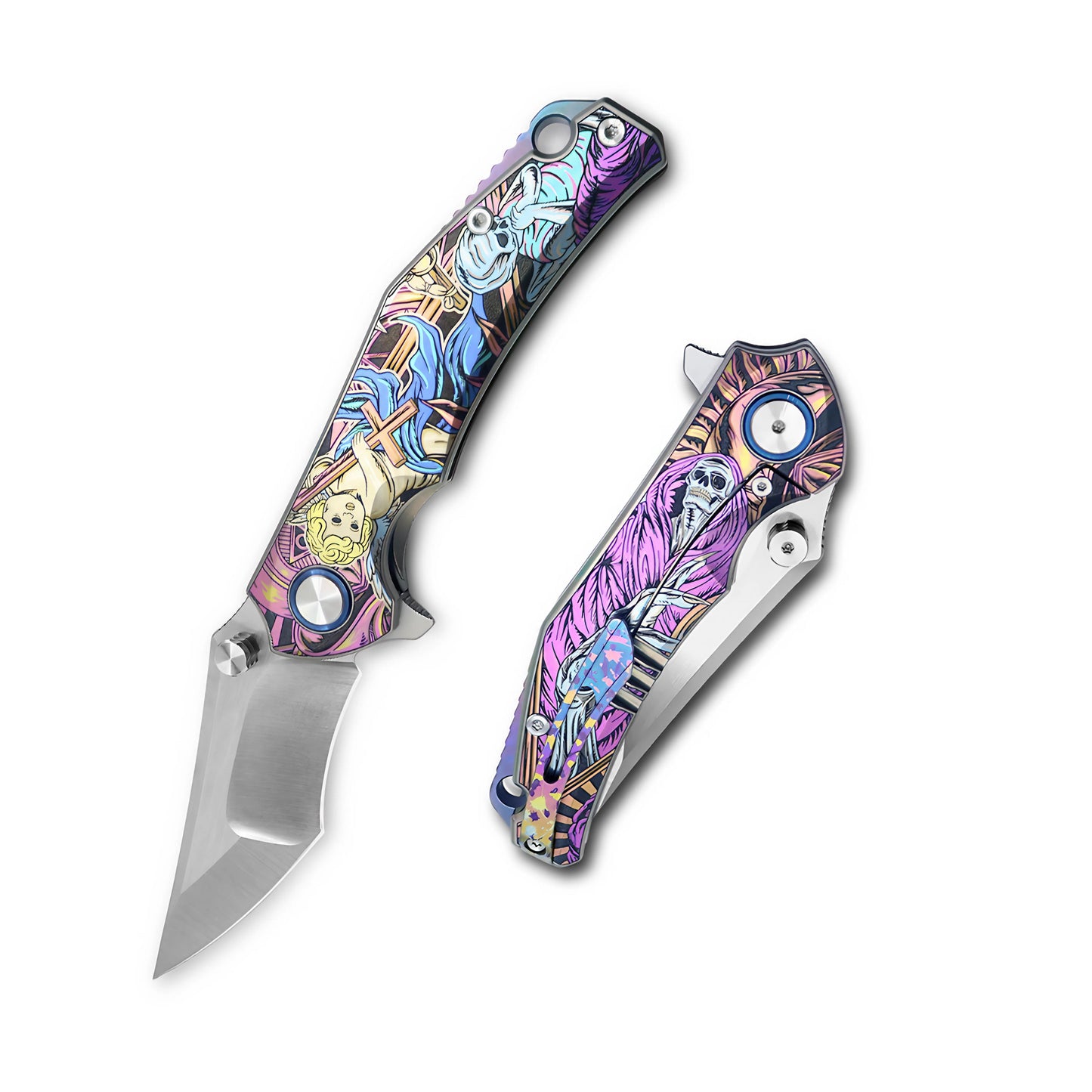 VORIXN Flipper & Thumb Stud Knife Titanium-Engraved Anodized Coloring Handle (4.0" VG10 Blade) KB009