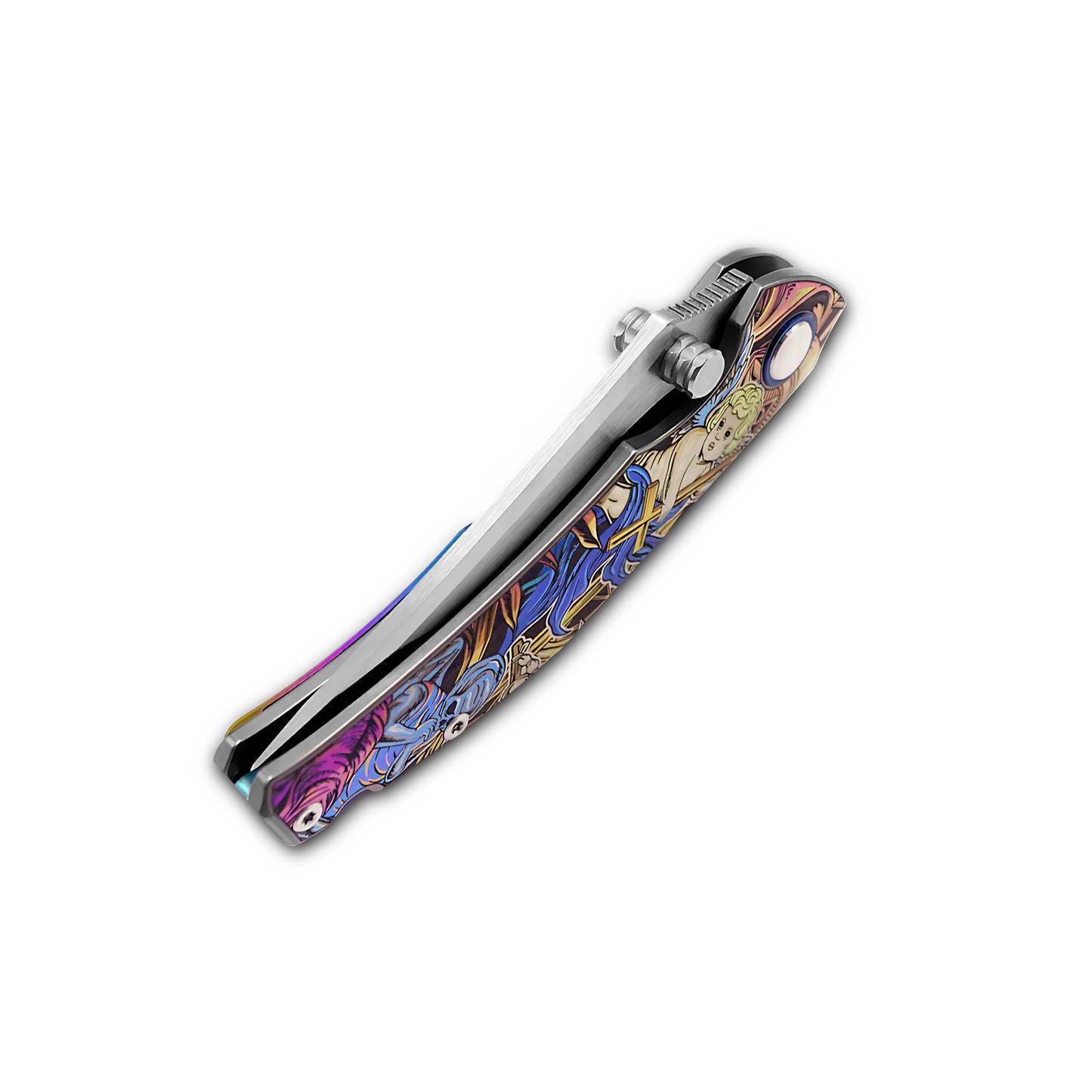 VORIXN Flipper & Thumb Stud Knife Titanium-Engraved Anodized Coloring Handle (4.0" VG10 Blade) KB009