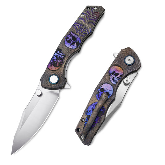 VORIXN Skull Titanium knives together: one open non-clip side blade, one folded clip side handle visible