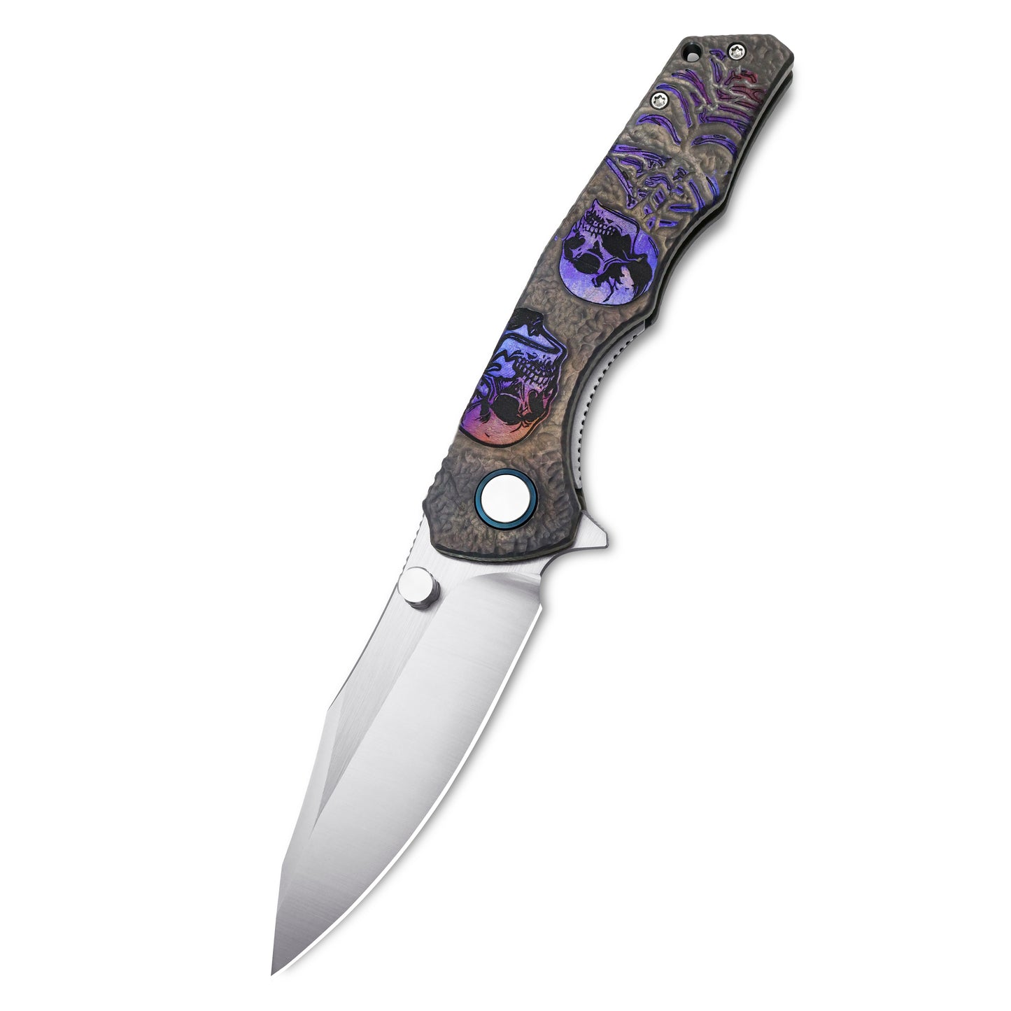 Opened VORIXN Skull Titanium knife, non-clip side, blade angled downward