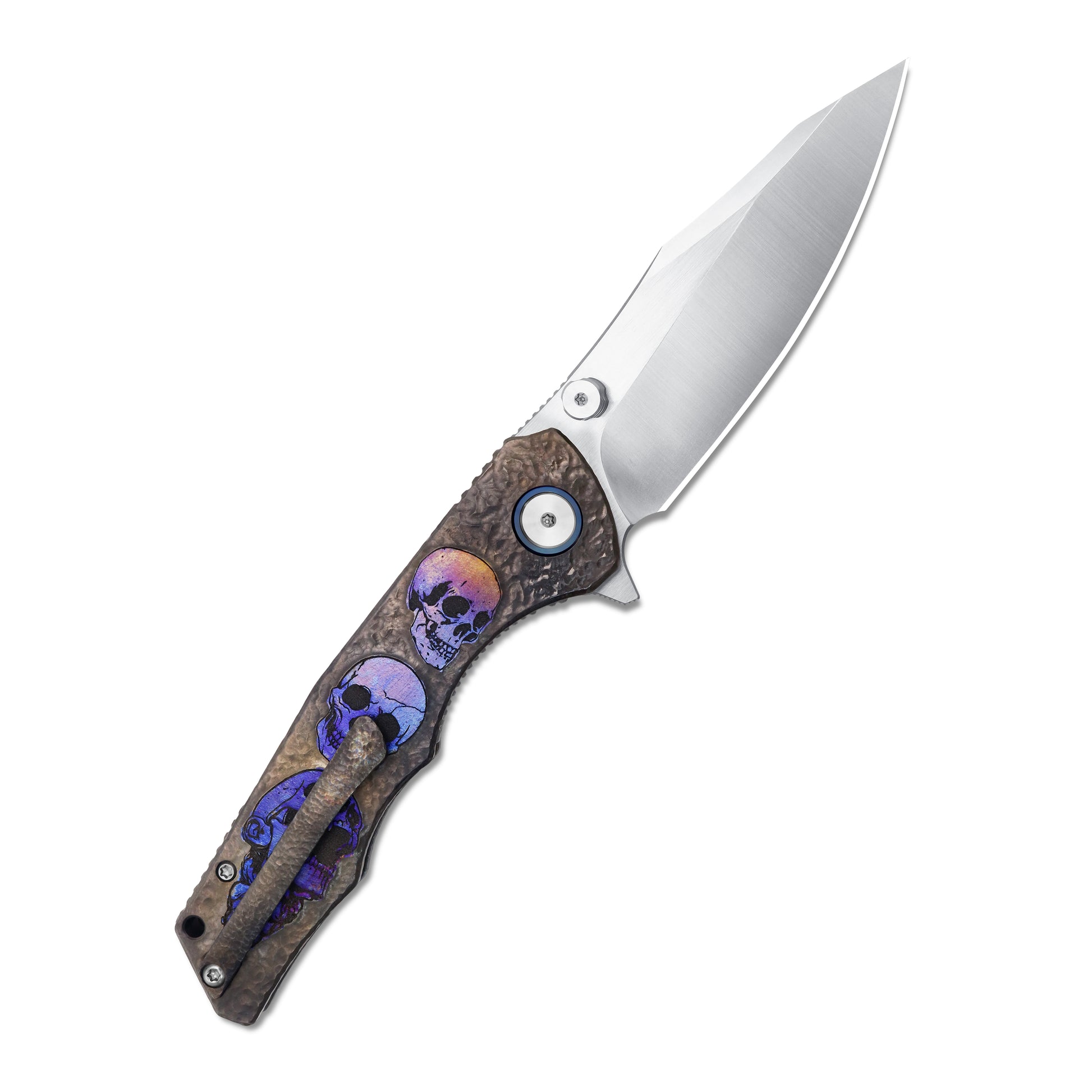 Opened VORIXN Skull Titanium knife, pocket clip side, blade angled upward